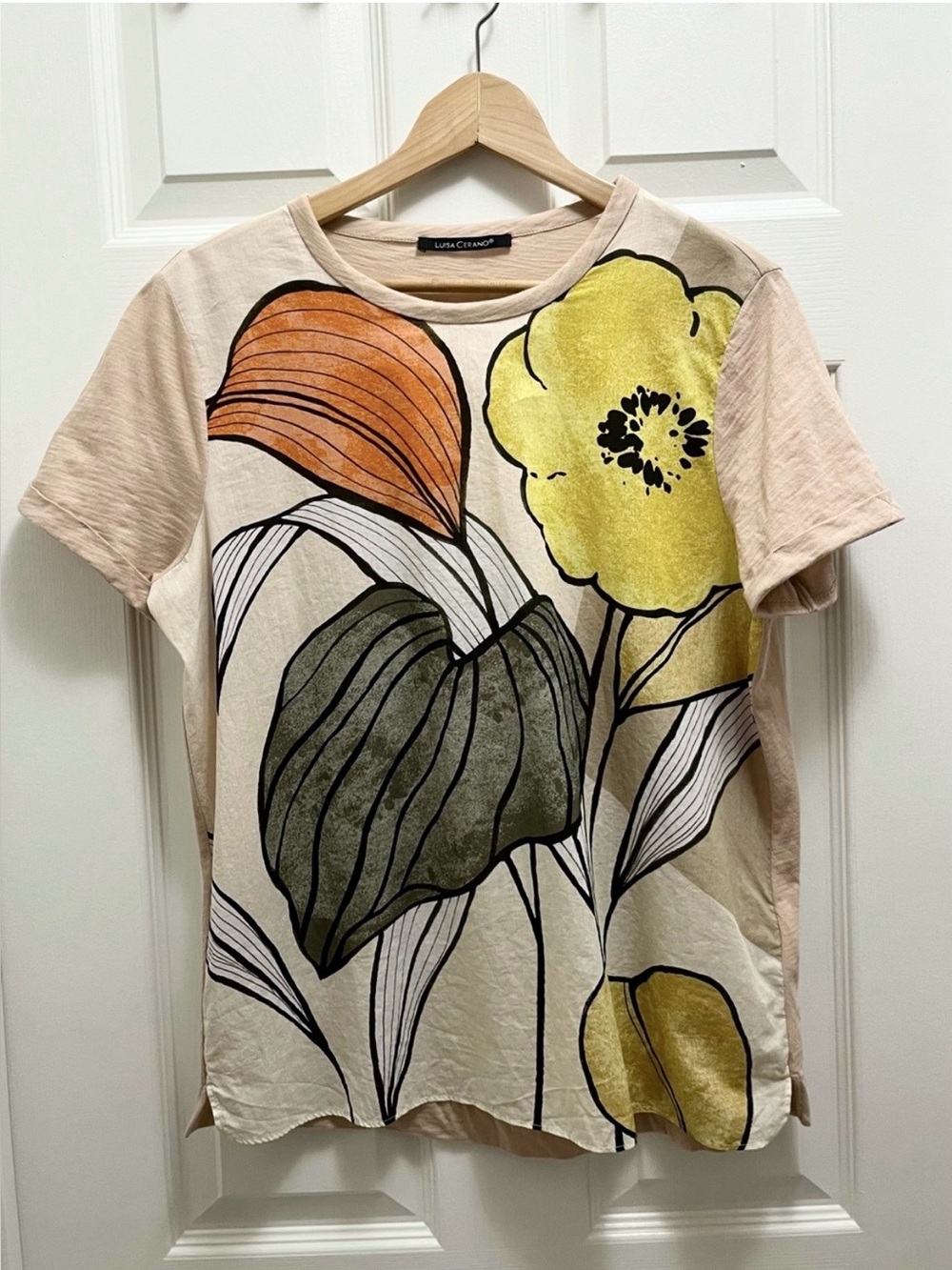 LUISA CERANO Floral Art Cotton Short Sleeve Top Beige US 8